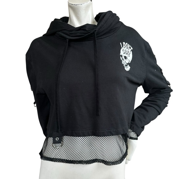 Killstar I don’t care goth skull black cropped hoodie mesh underlay Size Large - Picture 1 of 10